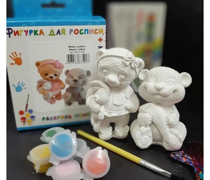 Set for creativity Painting figurines No. 4 / k Bear with fish and Bear with a bunny with paints and a brush FK 21-204 from the brand Factory of plaster products buy wholesale in Perm – Marker Toy