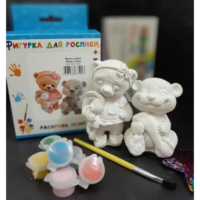 Set for creativity Painting figurines No. 4 / k Bear with fish and Bear with a bunny with paints and a brush FK 21-204 from the brand Factory of plaster products buy wholesale in Perm – Marker Toy